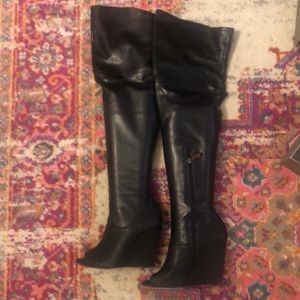 Over-the-knee / thigh-high wedge peep-toe boots